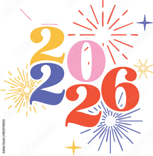 Colorful 2026 New Year Celebration Graphic Design with Fun Fireworks and Star Elements
