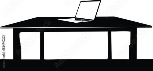 Minimalist black and white laptop illustration on a table promoting productivity and modern workspace design