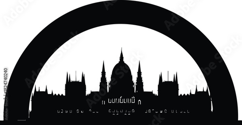 Parliament building silhouette against a white background with an arched frame framing the architecture design