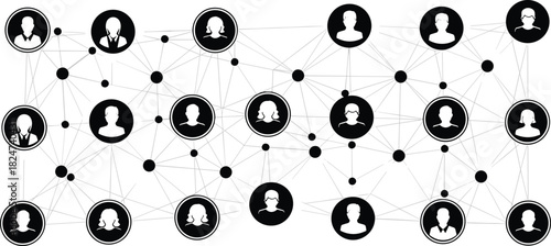 Social network and business connection concept, black and white vector illustration of global people profiles linked in a mesh