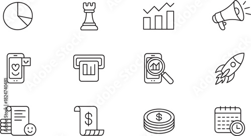 Business and finance icons pie chart chess piece bar graph megaphone Keywords: business, finance, pie