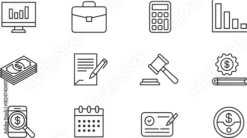 Business and finance icons with line art style on a white background symbol graph