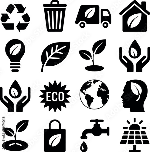 Collection of black environmental and eco friendly icons