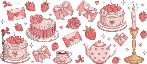 Hand drawn Valentine’s Day illustration collection with hearts, love letters, cake, tea set, candles, strawberries, roses, and romantic elements