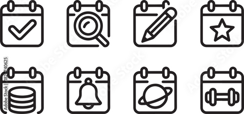 Calendar icons with checkmark, search, pencil, star, coins, bell, planet, dumbbell Keywords: calendar
