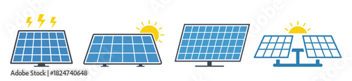 Solar panel icon set. Clean energy, Photovoltaic electricity, and sun power, Vector collection