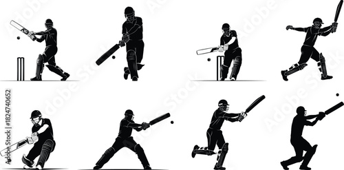 Cricket player silhouettes batting positions action in vector format