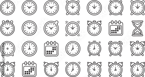 Collection of Clock and Calendar Icons in Black Line Art on White alarm clock watch