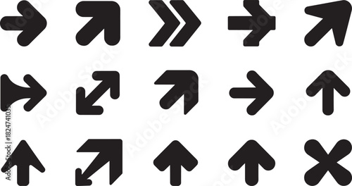 Collection of fifteen black arrow icons on white background Keywords: arrow, icon, symbol, direction