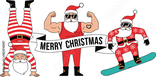 Strong, fit Santa Claus character doing a handstand, showing muscles, and snowboarding with "Merry Christmas" banner, funny holiday gym vector.