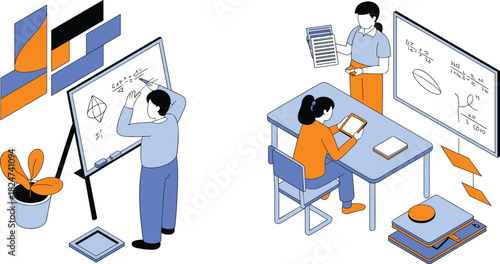 Isometric illustration of modern classroom with students studying mathematics, teacher teaching geometry on board, educational learning environment with school materials