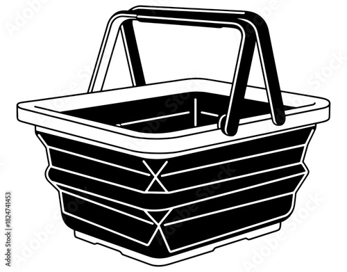 Collapsible plastic shopping basket or storage crate hand drawn vector illustration. Black and white folding grocery container sketch isolated on white background.