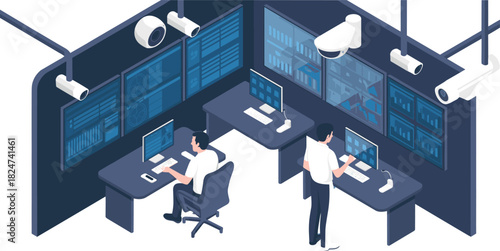 Isometric illustration of modern security operations center with analysts monitoring multiple screens, cybersecurity data, and surveillance camera control systems, professional workplace