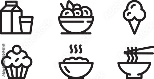 Collection of six simple line art food and drink icons on white milk carton