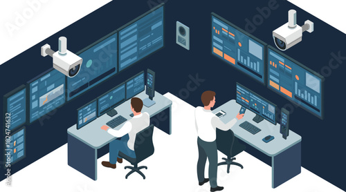 Isometric illustration of modern security operations center with analysts monitoring multiple screens, cybersecurity data, and surveillance camera control systems, professional workplace