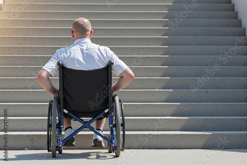 Wheelchair user in front of stairs