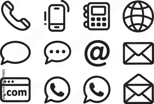 Contact and Communication Icons with Phone Mail Globe and Chat Bubbles handset telephone