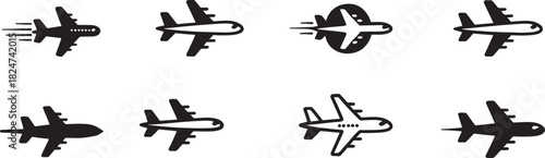 Eight black airplane icons with different designs and motion effects aircraft aviation