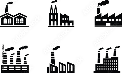 Set of black industrial factory building icons showing manufacturing plants and power stations with smoking chimneys vector illustration.
