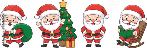 Set of cute cartoon Santa Claus characters carrying sack, waving by tree, standing and reading book vector.