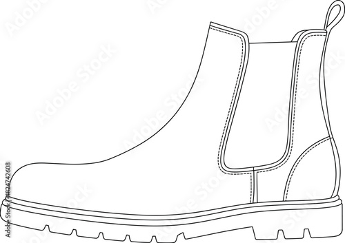 Chelsea boot, vector, illustration, sketch, outline, footwear, fashion, leather, sole, durable, ergonomic, structured, silhouette, layout, gear, design, stylish, tread, accessory