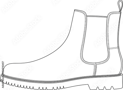 Chelsea boot, vector, illustration, sketch, outline, footwear, fashion, leather, sole, elastic, durable, structured, silhouette, layout, gear, design, stylish, tread, accessory, shoe, comfort