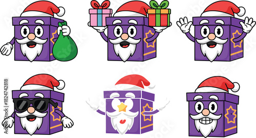 Set of funny cartoon purple gift box mascots with Santa beard and hat holding sack and presents.