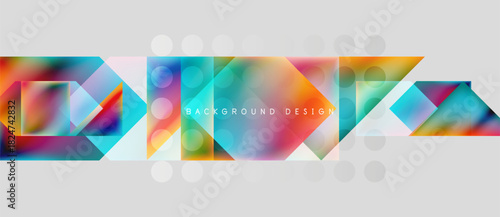 Abstract geometric shapes, vibrant colors, modern design. Background features overlapping squares, triangles, circles. Gradient hues create dynamic visual effect.