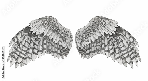 Intricately detailed black and white illustration of owl wings.