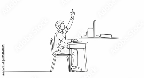 Student Raising Hand in Class - A Line Art Illustration.
