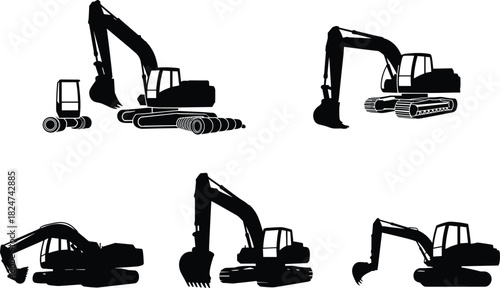Set of heavy construction excavator silhouettes showing hydraulic diggers in various poses vector illustration.