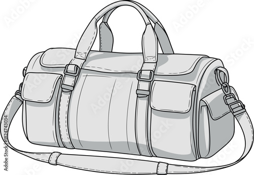 Duffel bag, vector, illustration, sketch, outline, travel, gear, luggage, strap, durable, ergonomic, structured, silhouette, layout, equipment, design, pocket, handle, accessory, storage, fashion