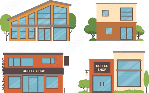 Set of modern flat vector building facades including residential houses and coffee shop commercial stores with trees.
