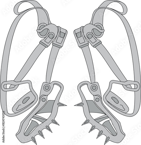 Crampons, vector, illustration, sketch, outline, climbing, gear, mountaineering, traction, ice, snow, durable, ergonomic, structured, silhouette, layout, equipment, design, strap, accessory, safety