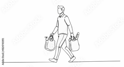 Man Carrying Grocery Bags in Continuous Line Art.