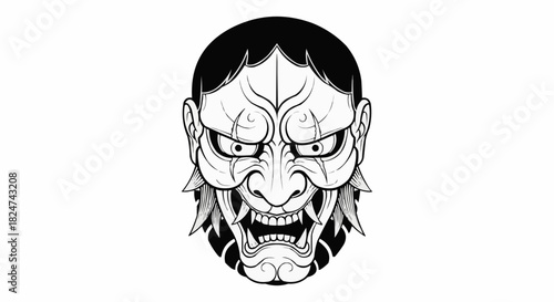Detailed Oni Mask Illustration - A Symbol of Japanese Folklore.