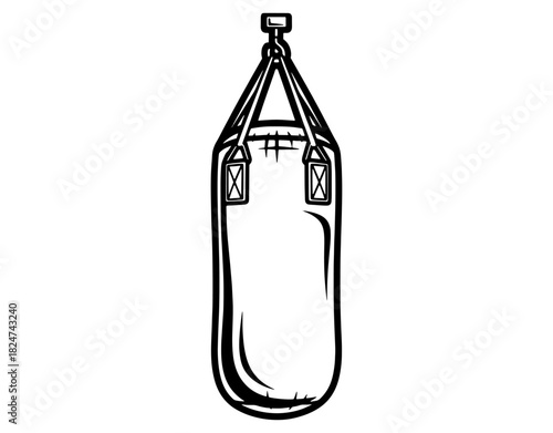 Hanging punching bag for boxing workout hand drawn vector illustration. Black and white heavy bag sketch for gym training isolated on white background.
