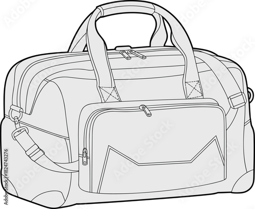 Duffel bag, vector, illustration, sketch, outline, travel, gear, luggage, zipper, strap, durable, ergonomic, structured, silhouette, layout, equipment, design, pocket, handle, accessory, storage