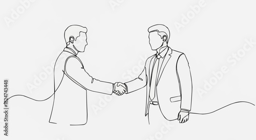 Continuous one line drawing of two businessmen shaking hands in agreement.