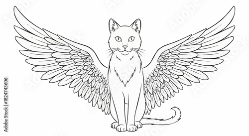 Detailed Line Art of a Winged Cat Illustration.