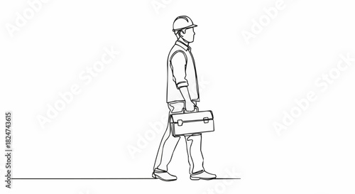Line Art of a Construction Worker Walking with Briefcase.