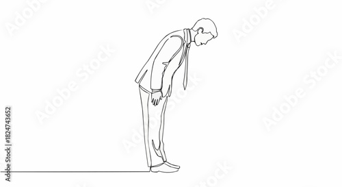 Man in suit bowing deeply in a minimalist line drawing.