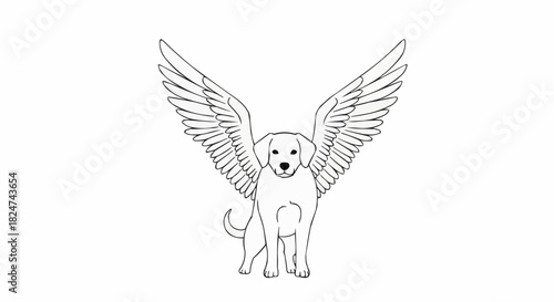 Adorable Puppy with Majestic Wings Line Art Illustration.