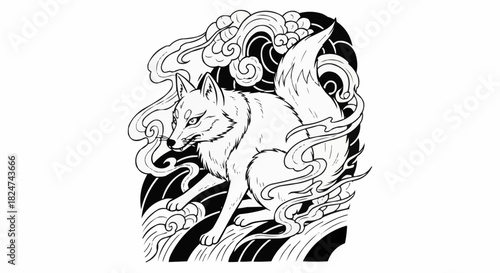 Wallpaper Mural Elegant fox illustration amidst swirling clouds and artistic waves. Torontodigital.ca