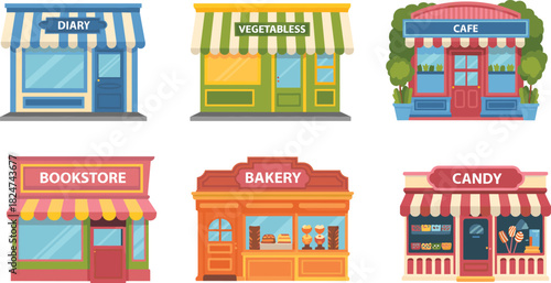 Vector set of colorful city storefronts including bakery bookstore candy cafe vegetable and diary shop building facades.