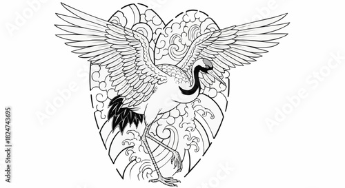 Elegant Japanese crane with wings spread wide line art illustration.