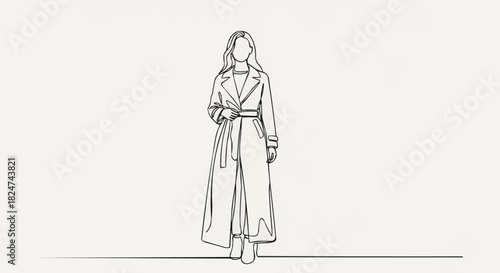 Elegant Woman in Trench Coat Line Art Illustration.