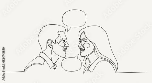 Two people talking with speech bubbles, a line art illustration.