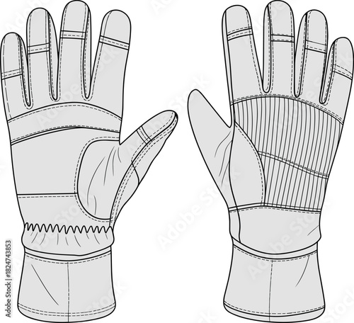 Gloves, vector, illustration, sketch, outline, fashion, gear, durable, ergonomic, structured, silhouette, layout, equipment, design, padding, protection, accessory, palm, wrist