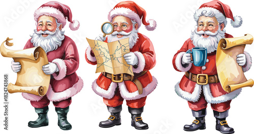 Vector set of Santa Claus characters holding paper scroll map and mug for Christmas holiday greeting design.